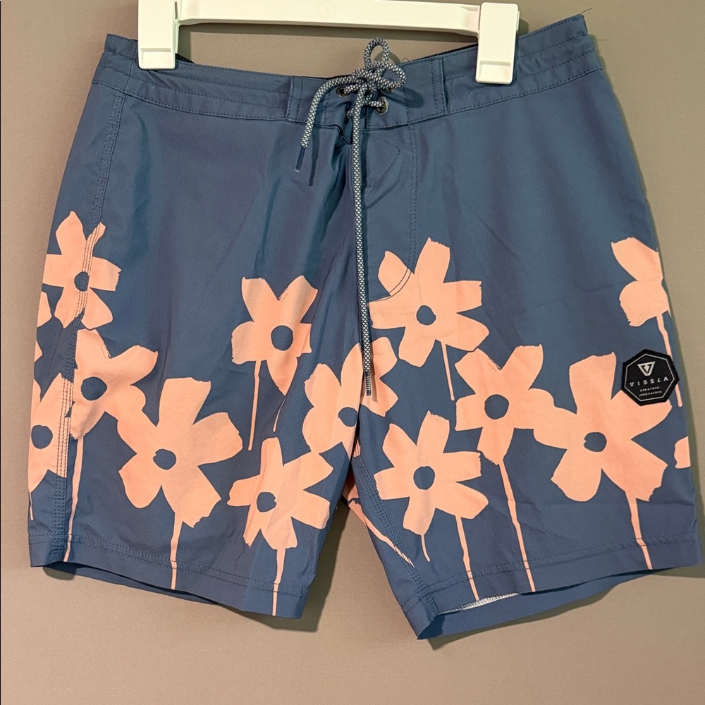 VISSLA Waterlogged Blue Board Shorts with Floral Pattern 31